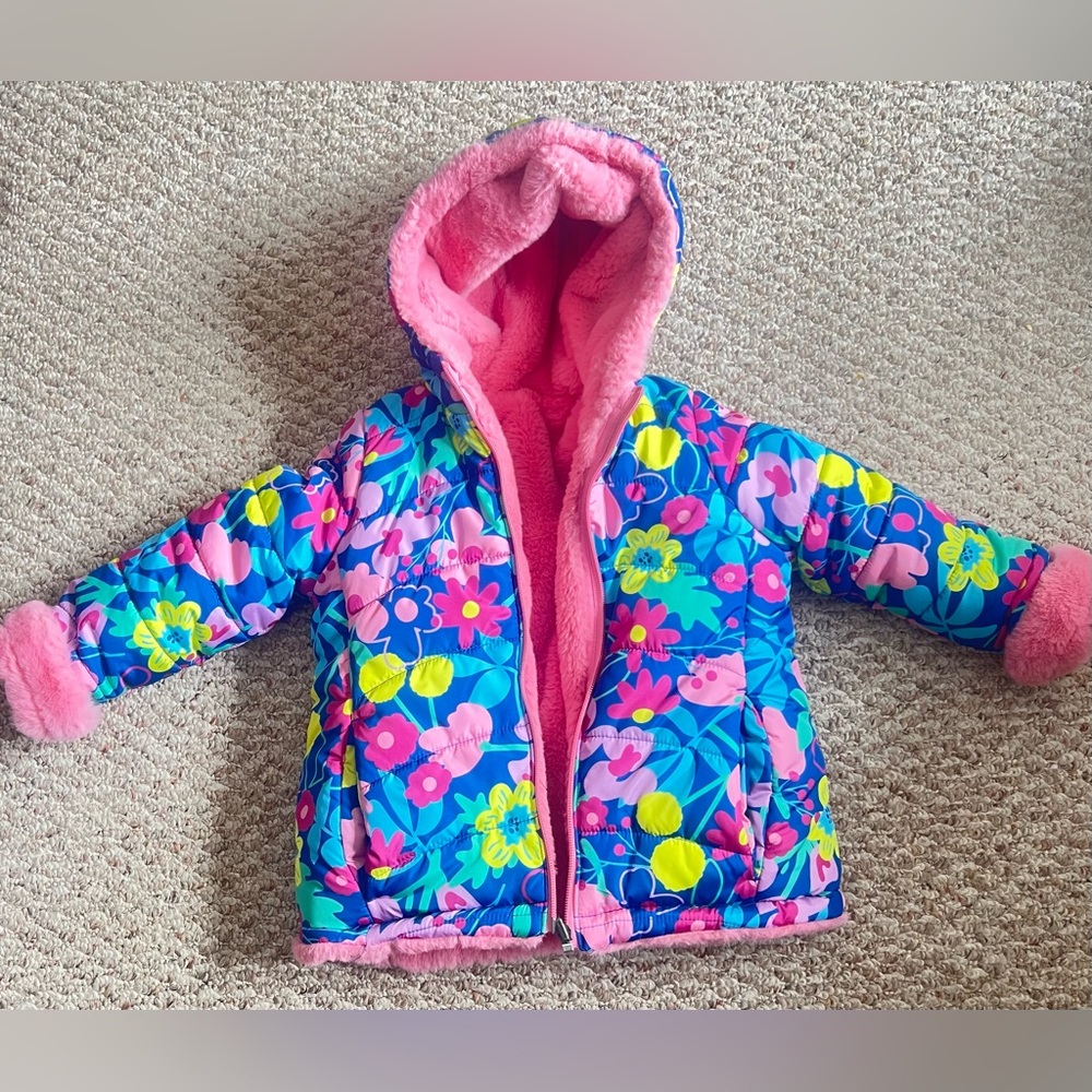 Toddler Girl Floral Puffer Jacket Pink Fleece Lined Hooded Size 3T